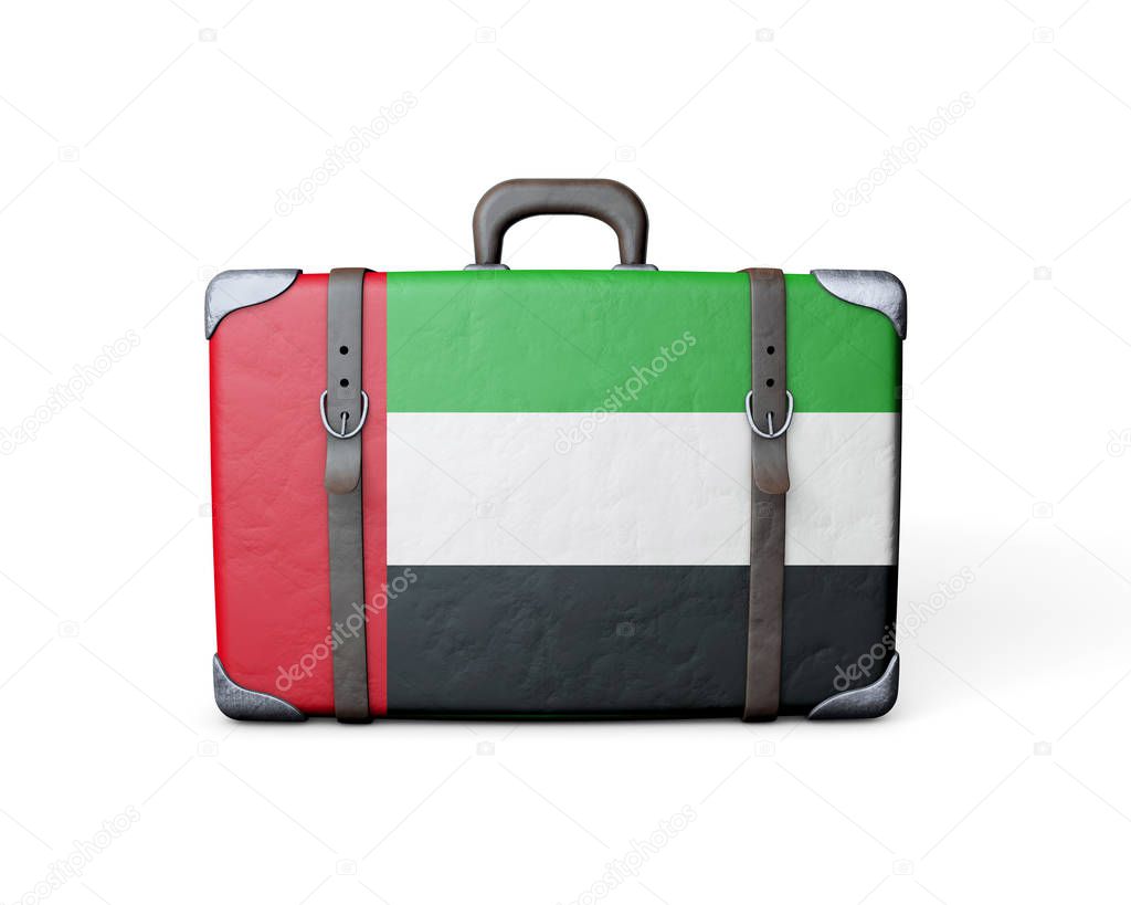 UAE flag on a vintage leather suitcase. 3D Rendering