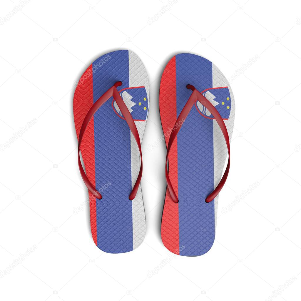 Slovenia flag flip flop sandals on a white background. 3D Render