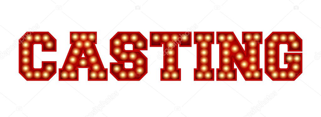 Casting word made from red vintage lightbulb lettering isolated on a white. 3D Rendering