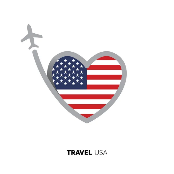 Koncepcja Podróży Usa Flaga Kształcie Serca Samolotem — Wektor stockowy