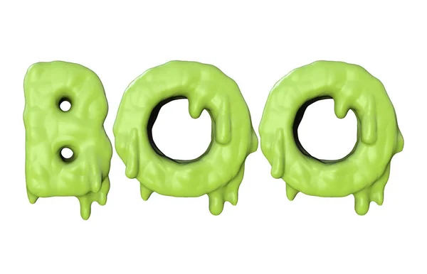 Palabra boo hecha de letras de lodo de Halloween verde. Renderizado 3D — Foto de Stock