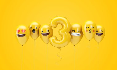 3 numaralı sarı doğum günü emojisi balonlara bakıyor. 3d Render