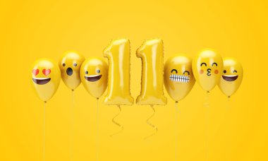 11 numaralı sarı doğum günü emojisi balonlara bakıyor. 3d Render