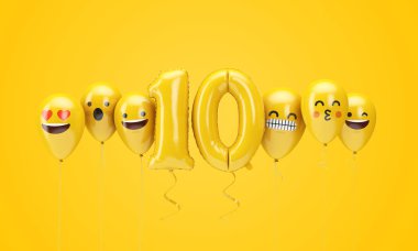 10 numaralı sarı doğum günü emojisi balonlara bakıyor. 3d Render
