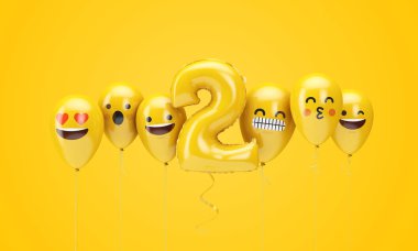 2 numaralı sarı doğum günü emojisi balonlara bakıyor. 3d Render