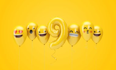 9 numaralı sarı doğum günü emojisi balonlara bakıyor. 3d Render
