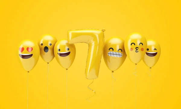 Numero 7 giallo compleanno emoji facce palloncini. Render 3D — Foto Stock