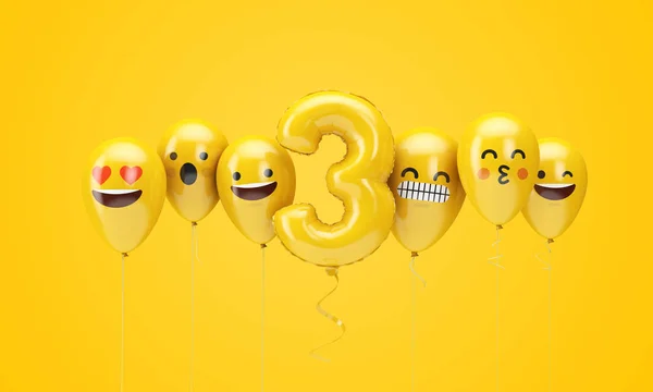 Número 3 emoji aniversário amarelo enfrenta balões. Renderização 3D — Fotografia de Stock