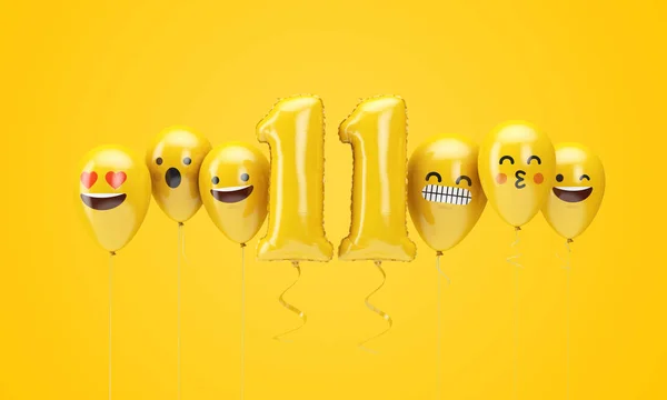 Nummer 11 gul födelsedag emoji ansikten ballonger. 3D-rendering — Stockfoto