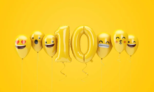 Number 10 yellow birthday emoji faces balloons. 3D Render — Stock Photo, Image