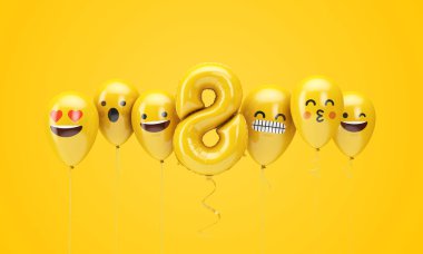 8 numaralı sarı doğum günü emojisi balonlara bakıyor. 3d Render