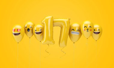 17 numaralı sarı doğum günü emojisi balonlara bakıyor. 3d Render