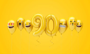 90 numaralı sarı doğum günü emojisi balonlara bakıyor. 3d Render