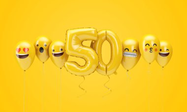 50 numaralı sarı doğum günü emojisi balonlara bakıyor. 3d Render