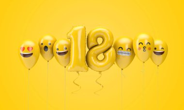 18 numaralı sarı doğum günü emojisi balonlara bakıyor. 3d Render