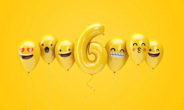 Numero 6 giallo compleanno emoji facce palloncini. Render 3D — Foto Stock