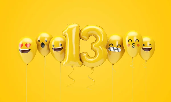 Číslo 13 žluté narozeniny se potýká s balónky. prostorové vykreslení — Stock fotografie