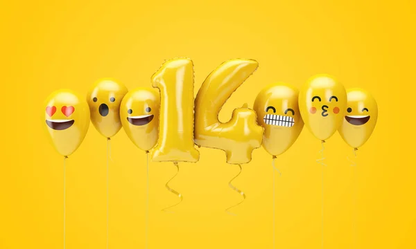 番号14黄色の誕生日絵文字は風船に直面しています。3D レンダリング — ストック写真