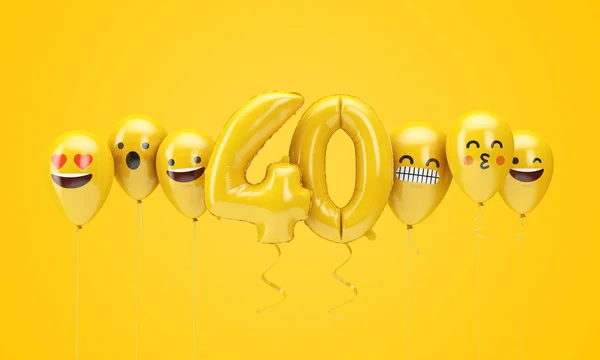 Αριθμός 40 κίτρινο emoji γενεθλίων αντιμετωπίζει μπαλόνια. Απόδοση 3D — Φωτογραφία Αρχείου