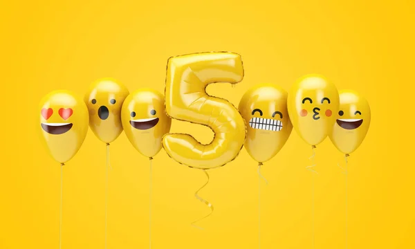 Number 5 yellow birthday emoji faces balloons. 3D Render — Stock Photo, Image