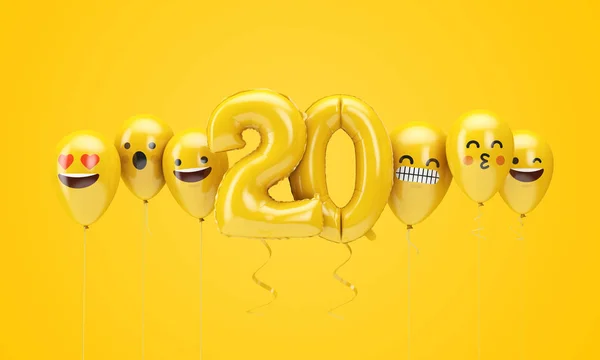 Number 20 yellow birthday emoji faces balloons. 3D Render — Stock Photo, Image