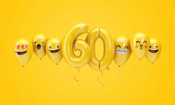 Nummer 60 gul födelsedag emoji ansikten ballonger. 3D-rendering — Stockfoto