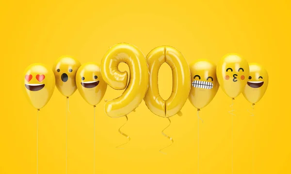 Číslo 90 žluté narozeniny stojí před balónky. prostorové vykreslení — Stock fotografie