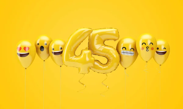 Número 45 cumpleaños amarillo emoji caras globos. Renderizado 3D —  Fotos de Stock