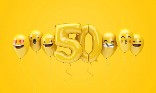 Numero 50 giallo compleanno emoji facce palloncini. Render 3D — Foto Stock