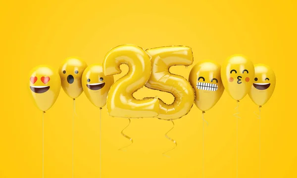 Číslo 25 žluté narozeninové narozeniny stojí před balónky. prostorové vykreslení — Stock fotografie