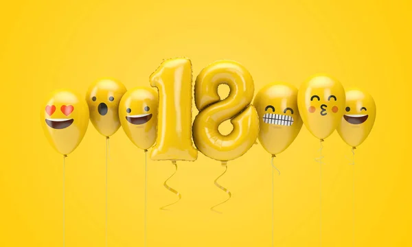 Zahl 18 gelbe Geburtstags-Emojis stehen Luftballons gegenüber. 3D-Darstellung — Stockfoto