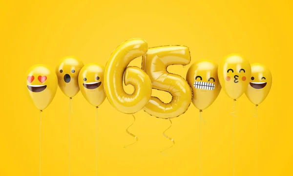 Numero 65 giallo compleanno emoji facce palloncini. Render 3D — Foto Stock
