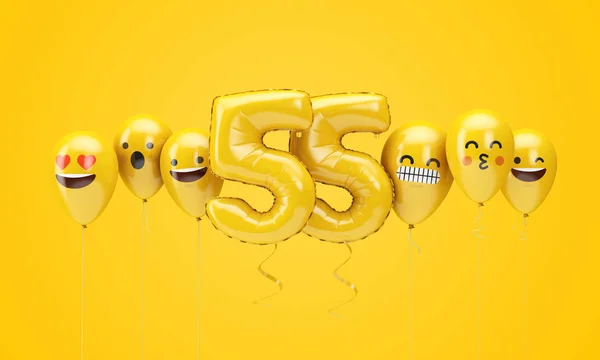 Número 55 cumpleaños amarillo emoji caras globos. Renderizado 3D —  Fotos de Stock