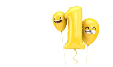 Bir numaralı doğum günü balonu ve yüz ifadeli balonlar. 3d Hazırlama