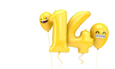 Yüz ifadeli balonlu 14 numaralı doğum günü balonu. 3d Hazırlama