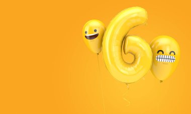 Emoji yüzlü balonlu 6 numaralı doğum günü balonu. 3d Hazırlama