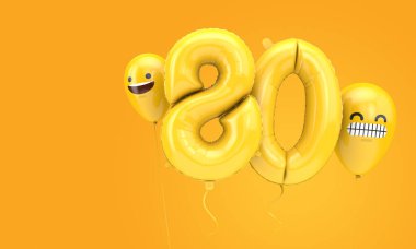 80 numaralı doğum günü balonu ve yüz ifadeli balonlar. 3d Hazırlama