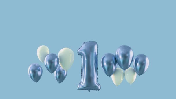 Nummer 1 födelsedagsfest blå flytande ballonger. 3d Uppsägning — Stockvideo