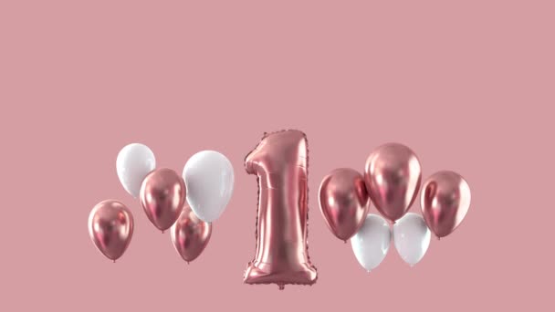 Número 1 aniversário celebração rosa balões flutuantes. Renderização 3D — Vídeo de Stock