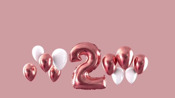 Numero 2 festa di compleanno palloncini galleggianti rosa. Render 3D — Video Stock