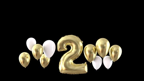 Nummer 2 Geburtstagsfeier Gold schwimmenden Luftballons. 3D-Darstellung — Stockvideo