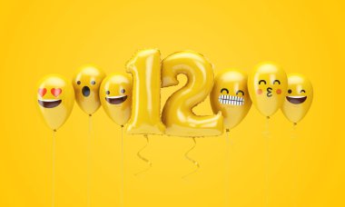 12 numaralı sarı doğum günü emojisi balonlara bakıyor. 3d Render