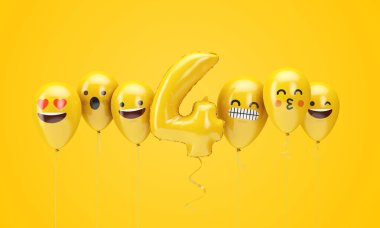 4 numaralı sarı doğum günü emojisi balonlara bakıyor. 3d Render