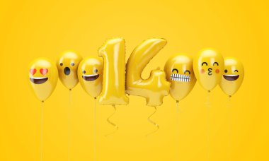 14 numaralı sarı doğum günü emojisi balonlara bakıyor. 3d Render