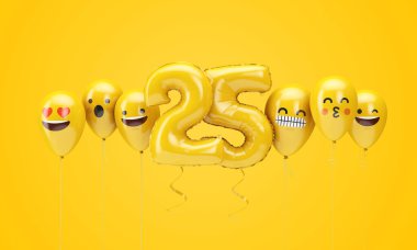 25 numaralı sarı doğum günü emojisi balonlara bakıyor. 3d Render