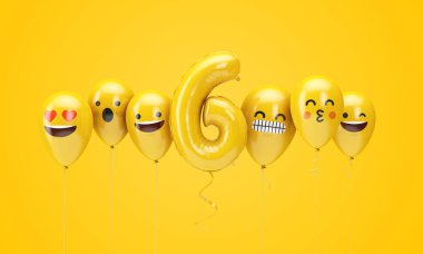 6 numaralı sarı doğum günü emojisi balonlara bakıyor. 3d Render
