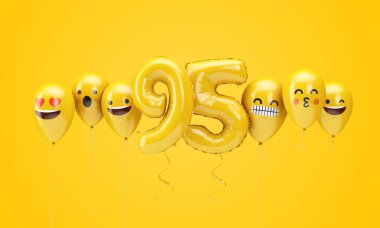 95 numaralı sarı doğum günü emojisi balonlara bakıyor. 3d Render