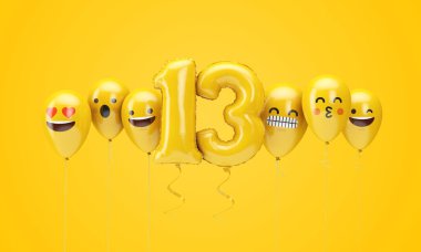 13 numaralı sarı doğum günü emojisi balonlara bakıyor. 3d Render