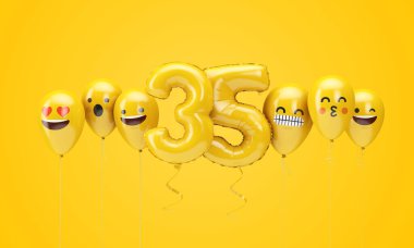 35 numaralı sarı doğum günü emojisi balonlara bakıyor. 3d Render