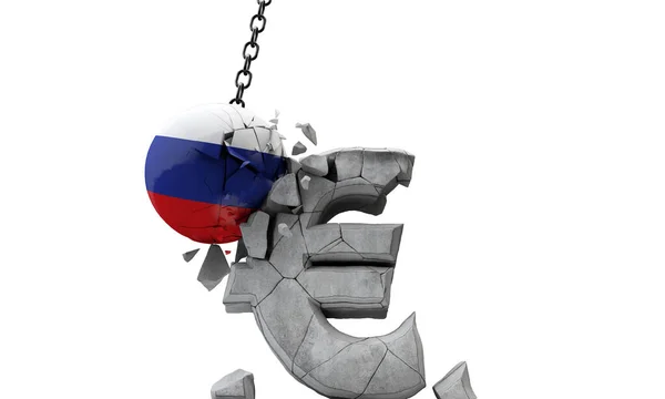 Флагманский мяч России разбивает символ европейской валюты евро. 3D Render — стоковое фото